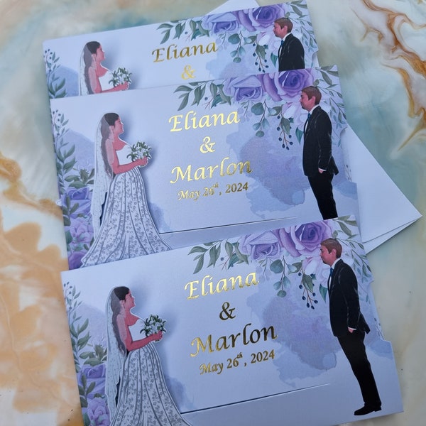 Wedding Sliding Bride Wedding Invitation, Customize faces, Gold foil moving wedding invitation suite, Romantic cartoons