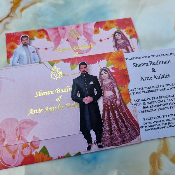 Indian Wedding Sliding Bride Wedding Invitation Laser cut Personalized, gold foil moving wedding invitation suite, Groom Sherwani Bride Red