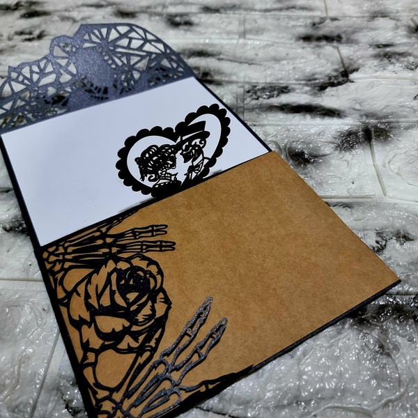 Gothic Pop Up Wedding Card, Trifold Pop Up Wedding Couple, Laser cut wedding Invitations, Skull Hands with Rose  and Skull Gate Card