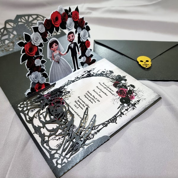 Gothic Pop-Up Wedding Card, Customize Groom and Bride, Trifold Pop-Up Wedding Couple with Flower, Black and Red Rose Wedding Card