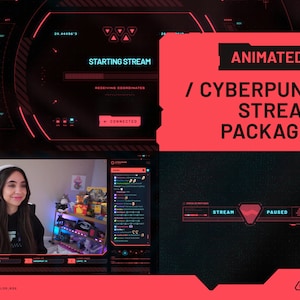 Pacote de sobreposição de transmissão animada do Twitch Cyberpunk RED | Cenas, alertas, painéis, webcam, transição