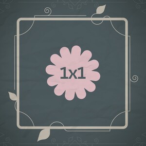 Puede incluir: Un marco decorativo con una flor rosa en el centro. La flor tiene un aspecto de papel texturizado y el texto "1x1" en negro.