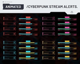 May include: A set of 12 animated cyberpunk stream alerts in various colors, including red, blue, yellow, and pink. The alerts are designed to look like futuristic digital displays and feature text such as "New Subscriber", "New Follower", and "Warning".