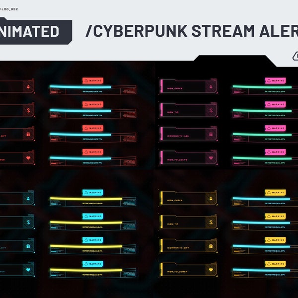 Cyberpunk Animated Stream Alerts | 4 Colors + 14 Variations | Twitch, YouTube, OBS | Sci Fi