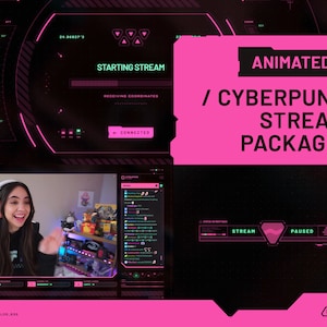 Pacote de sobreposição de stream do Twitch animado Cyberpunk ROSA | Cenas, Alertas, Painéis, Webcam, Transição