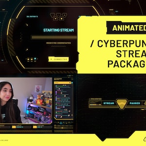 Pacote de sobreposição de stream do Twitch animado Cyberpunk AMARELO | Cenas, Alertas, Painéis, Webcam, Transição