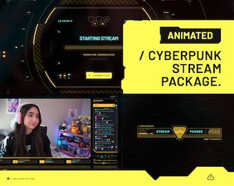 Paquete de superposición de transmisión de Twitch animada Cyberpunk AMARILLO / Escenas, alertas, paneles, cámara web, transición