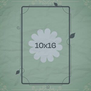 Puede incluir: Un fondo verde con un marco decorativo y una flor blanca con el texto "10x16" en su interior.