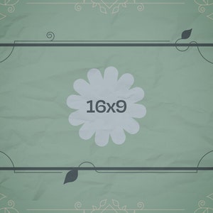 Puede incluir: Un fondo verde con un marco negro y una flor blanca con el texto "16x9" en su interior. El marco tiene un dise&ntilde;o decorativo con espirales y hojas.