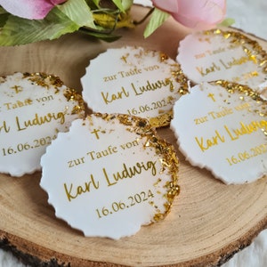 Guest gifts with desired text for baptism, communion, confirmation, personalized with magnet and symbol cross, fish, with organza bag