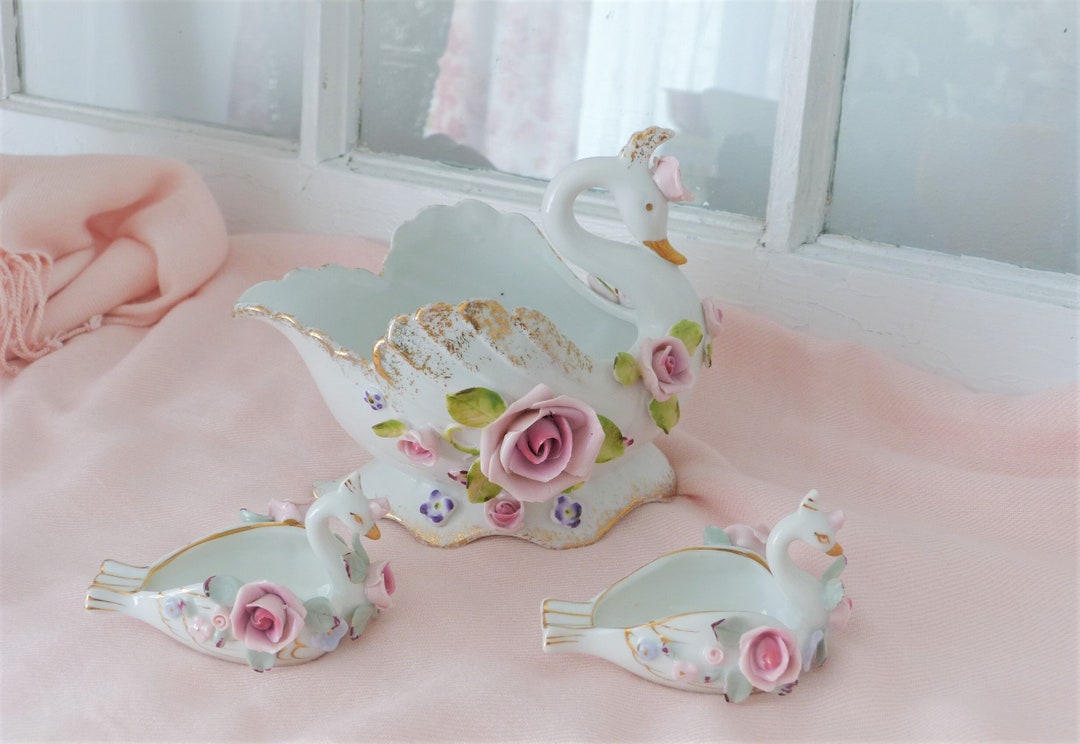 Vintage Capodimonté Collection of Three Magnificent Porcelain Swans