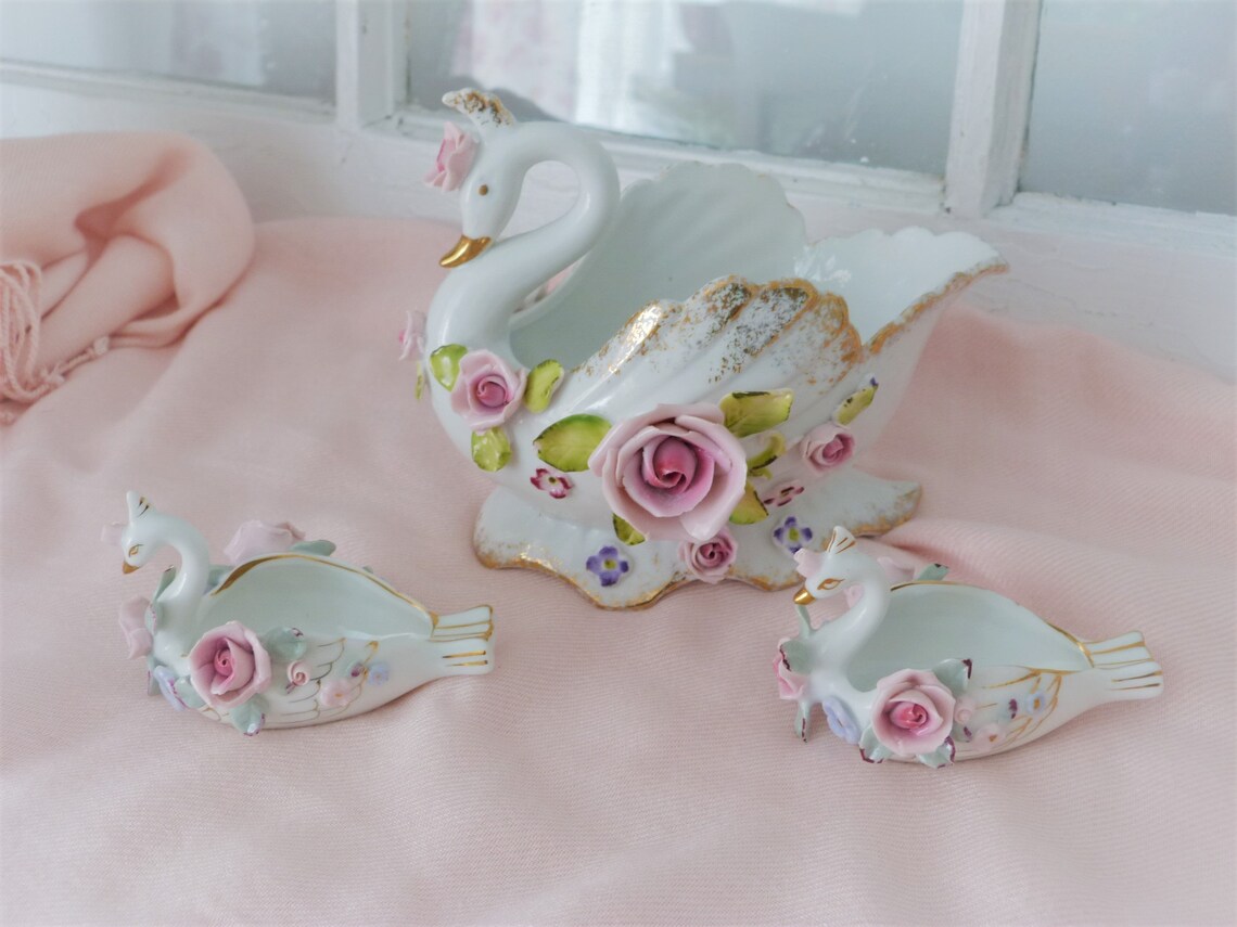 Vintage Capodimonté Collection of Three Magnificent Porcelain Swans