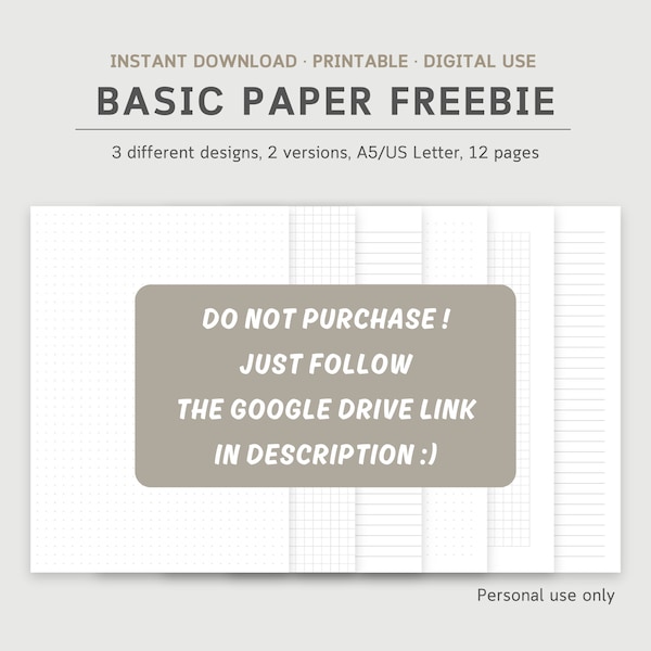 FREEBIE Basic Note Paper Bundle | for Bullet Journal | Printable Planner Inserts Templates | A5, US Letter | Instant Download PDF