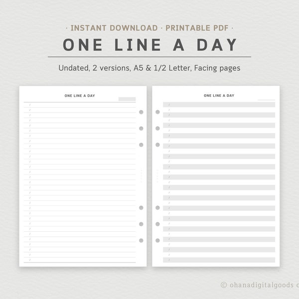 One Line a day Journal | Undated | 2 versions | A5 & Half Letter | Printable Planner Inserts | Instant Download PDF