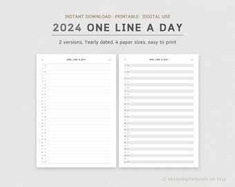 2024 Dated One Line A Day Journal | 2 versions | Printable Digital Planner Templates | A4, A5, Letter, 1/2 Letter | Instant Download PDF