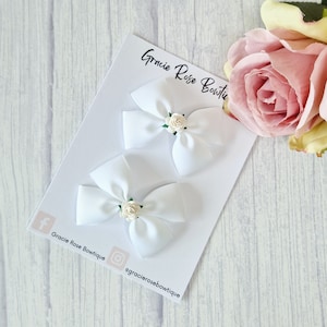 White Ribbon Hair Bows with Mulberry Roses: Flower Girl Clips (Set of 2)