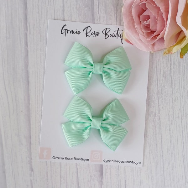 Mint green hair bows, Ribbon bows, Pigtail bow set, Pastel hair bows, Girls hair accessories