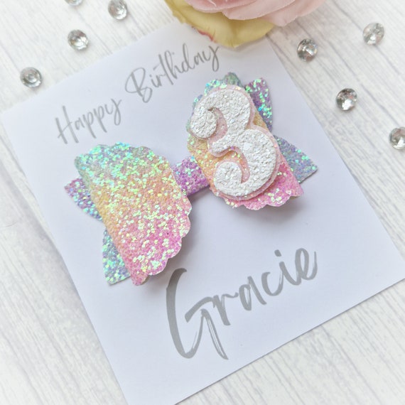 Rainbow Glitter Birthday Hair Bow, Personalised Number Clip