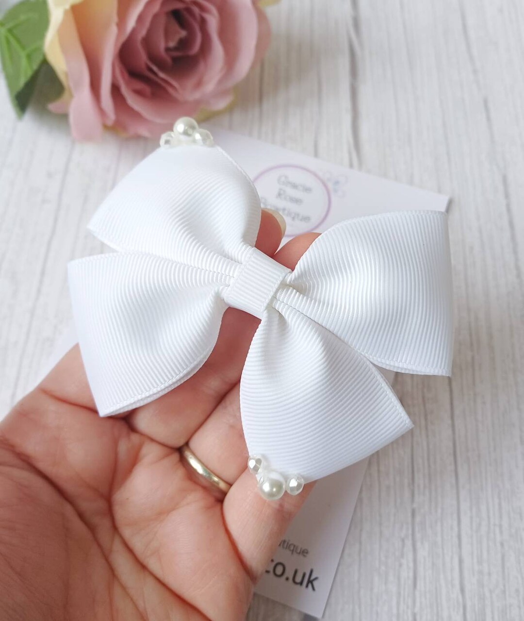 White Ribbon Bow, Flower Girl Hair Bow, Flower Girl Hair Accessories