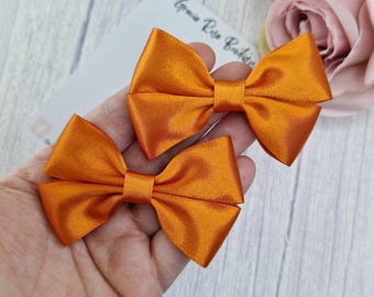 Orange satin hair bows set of 2 for pigtails
