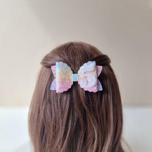 Rainbow Glitter Birthday Hair Bow, Personalised Number Clip image 6