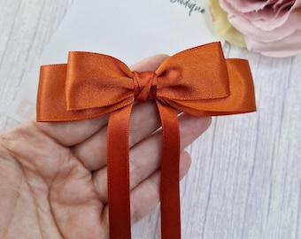 Rust satin hair bow clip, Flower girl hair accessories, Rust wedding