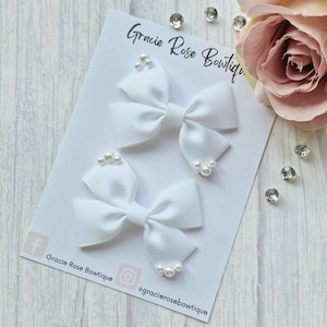 White Ribbon Hair Bows with Pearls: Flower Girl Pigtail Clips (Set of 2)