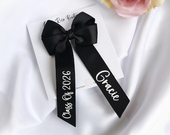 Personalised Black Ribbon Leavers Hair Bow, Glitter Name, School Leaver Gift