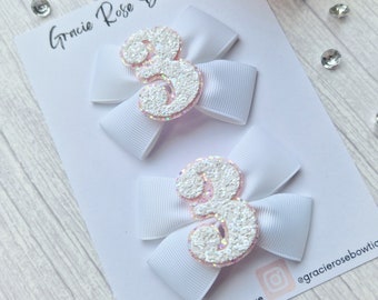 White and pink birthday pigtail hair bow set, 1st birthday cake smash, Gift for girls birthday