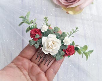 White and red floral wedding hair comb, Faux Flower Bridal Hair Accessory