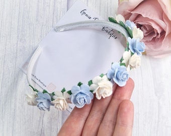 Light blue Flower Girl Headband, White Floral Satin Alice Band