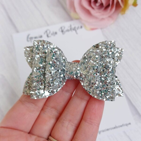 Silver hair bow, Sparkly bow, Glitter bows, Girls bows, Hair bows