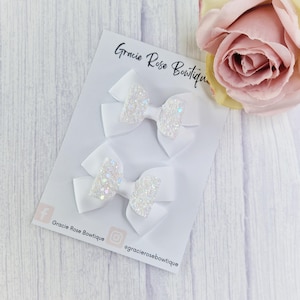 White Iridescent Glitter Ribbon Bows: Flower Girl Hair Clips