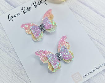 Butterfly Glitter Pigtail Bows: Rainbow Hair Clips, Girls Hair Accessories