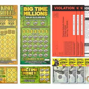 May include: Assortment of lottery tickets and cash. The image features "Jackpot Jubilee" and "Big Time Millions" scratch-off tickets, along with a parking violation notice and several $100 bills. The tickets offer chances to win large sums.