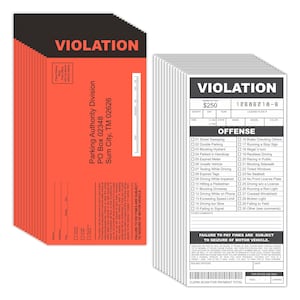 May include: A stack of 10 orange parking violation tickets with the text "VIOLATION" in black. The tickets have the text "Parking Authority Division" and "PO Box 02348 Sum City, TM 02626". The tickets also have the text "FAILURE TO PAY FINES ARE SUBJECT TO SEIZURE OF MOTOR VEHICLE."