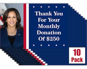Paquete de 10 postales de broma: Donación a Kamala Harris. Broma divertida y práctica. Correo de oficina. Regalo político para demócratas y republicanos.