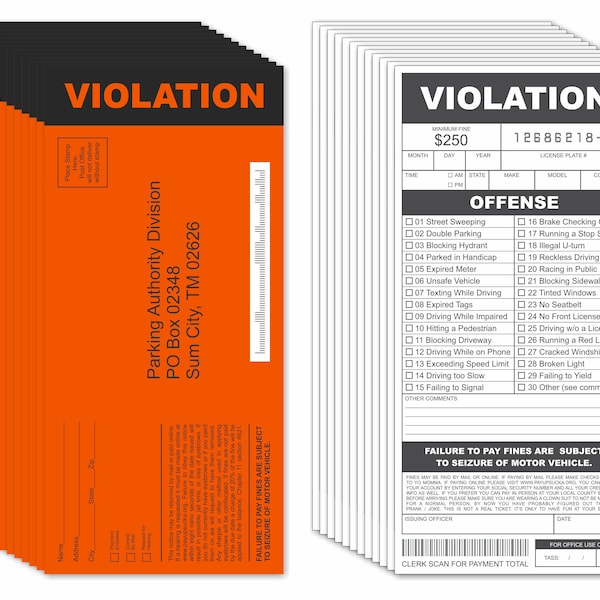 Fake Parking Tickets Prank - Qty 25, Joke Violation Parking, Funny Gag Pretend Police Traffic and Safety Car Citations, Adult & Kid Friendly