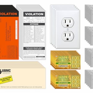 Prank Gag Practical Joke Set Kit, Fake Parking & Lottery Tickets, Outlet Sticker Decals, Voice Activated Stickers and Funny Envelope