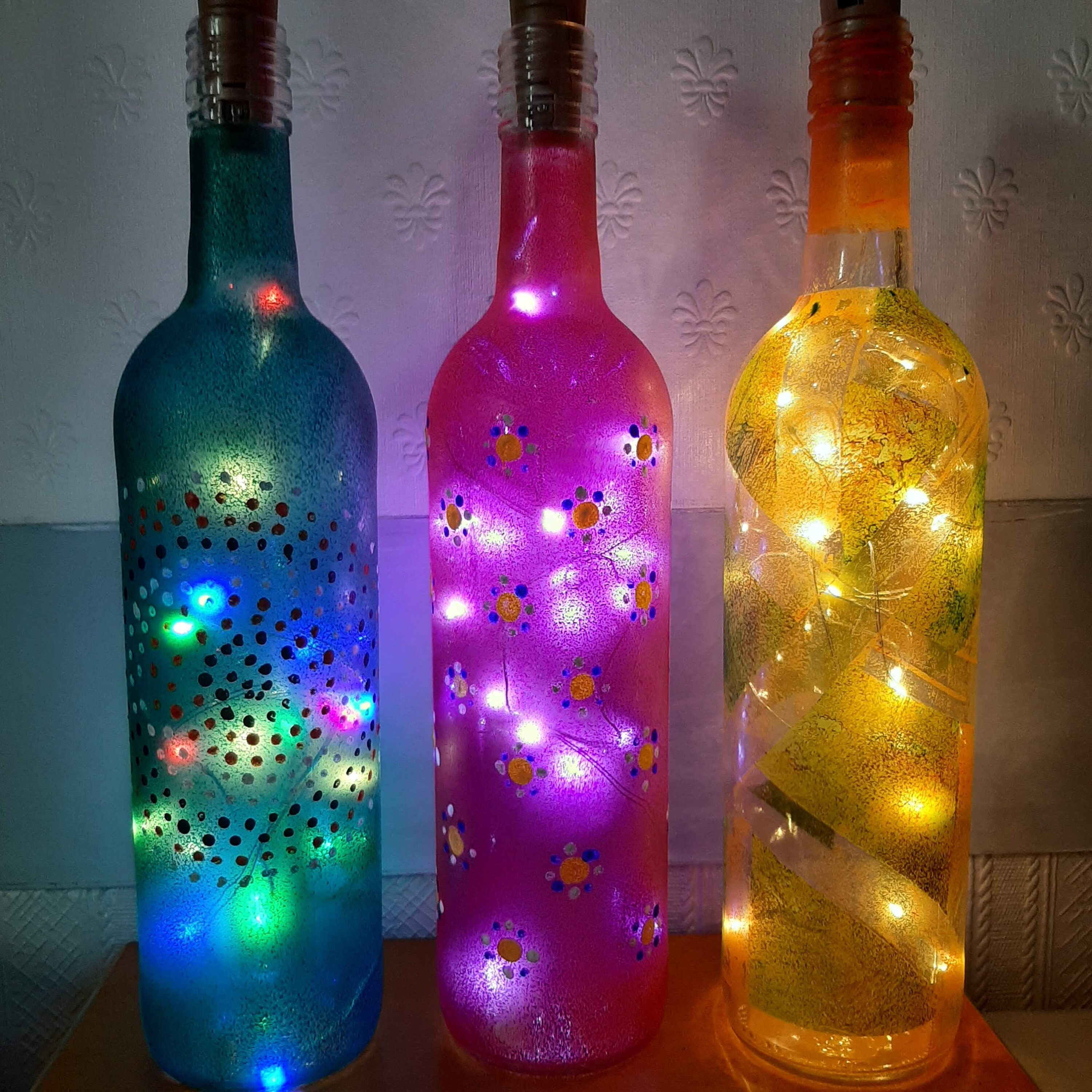 3 Unique HandPainted Glass Bottles With Pretty Fairy Light. Etsy