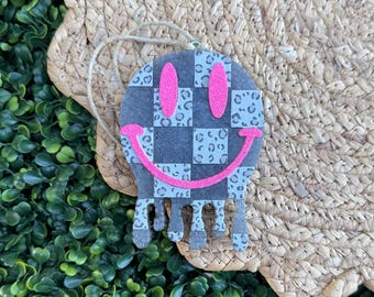 Smiley Drip Freshy, Checkered Smile Car Freshie, Leopard Print Car Accessory