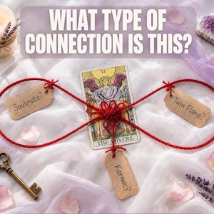 May include: A tarot card titled The Lovers is centered, wrapped in red string forming an infinity symbol with three tags labeled Soulmate?, Twin Flame?, and Karmic?. Text reads WHAT TYPE OF CONNECTION IS THIS? and 5 HOURS MESSAGE.