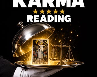 May include: A silver serving tray with a dome lid holds a tarot card labeled THE TOWER and a gold balance scale. The text KARMA READING appears above with five gold stars, and the text WHAT GOES AROUND 24 HOURS appears at the bottom.