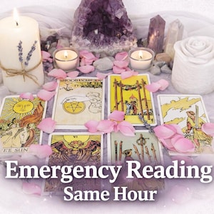 May include: A tarot card reading setup featuring lit candles, crystals, and rose petals. Several tarot cards are displayed, with the text "Emergency Reading Same Hour" at the bottom. The scene is set on a white cloth.