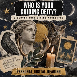 May include: A digital collage featuring a stone statue head, a raven, an owl, a lit candle, and a tarot card labeled The Moon. Text reads: WHO IS YOUR GUIDING DEITY? DISCOVER YOUR DIVINE ARCHETYPE, The same light that guides the stars guides you. Look within. PERSONAL DIGITAL READING.
