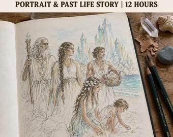 May include: A sketchbook page displays a colored pencil illustration titled YOUR LEMURIAN PAST LIFE PORTRAIT & PAST LIFE STORY | 12 HOURS, featuring five figures in white robes on a beach with crystals, alongside two black pencils.