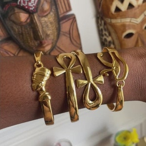 African Jewelry Statement Bracelets/ Nefertiti Ankh and Eye of Ra Bracelet/ Egyptian Jewelry Set/ African Gifts