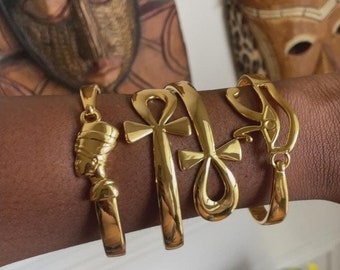 African Jewelry Statement Bracelets/ Nefertiti Ankh and Eye of Ra Bracelet/ Egyptian Jewelry Set/ African Gifts