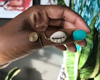 Cowrie Shell Brass Spiral Ring, African Statement Jewelry