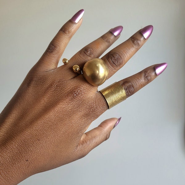 Nzinga Brass Geometric Statement Large Dot Ring,  African Statement Jewelry, Raw Brass